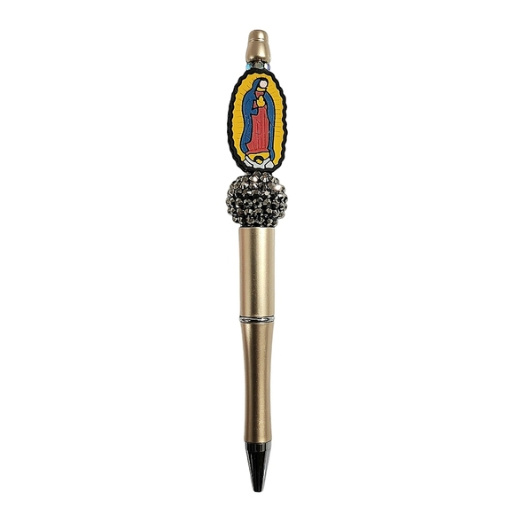 Virgen De Guadalupe Handmade Beaded Ballpoint Twist Pen Gold Focal Bead - Picture 1 of 6